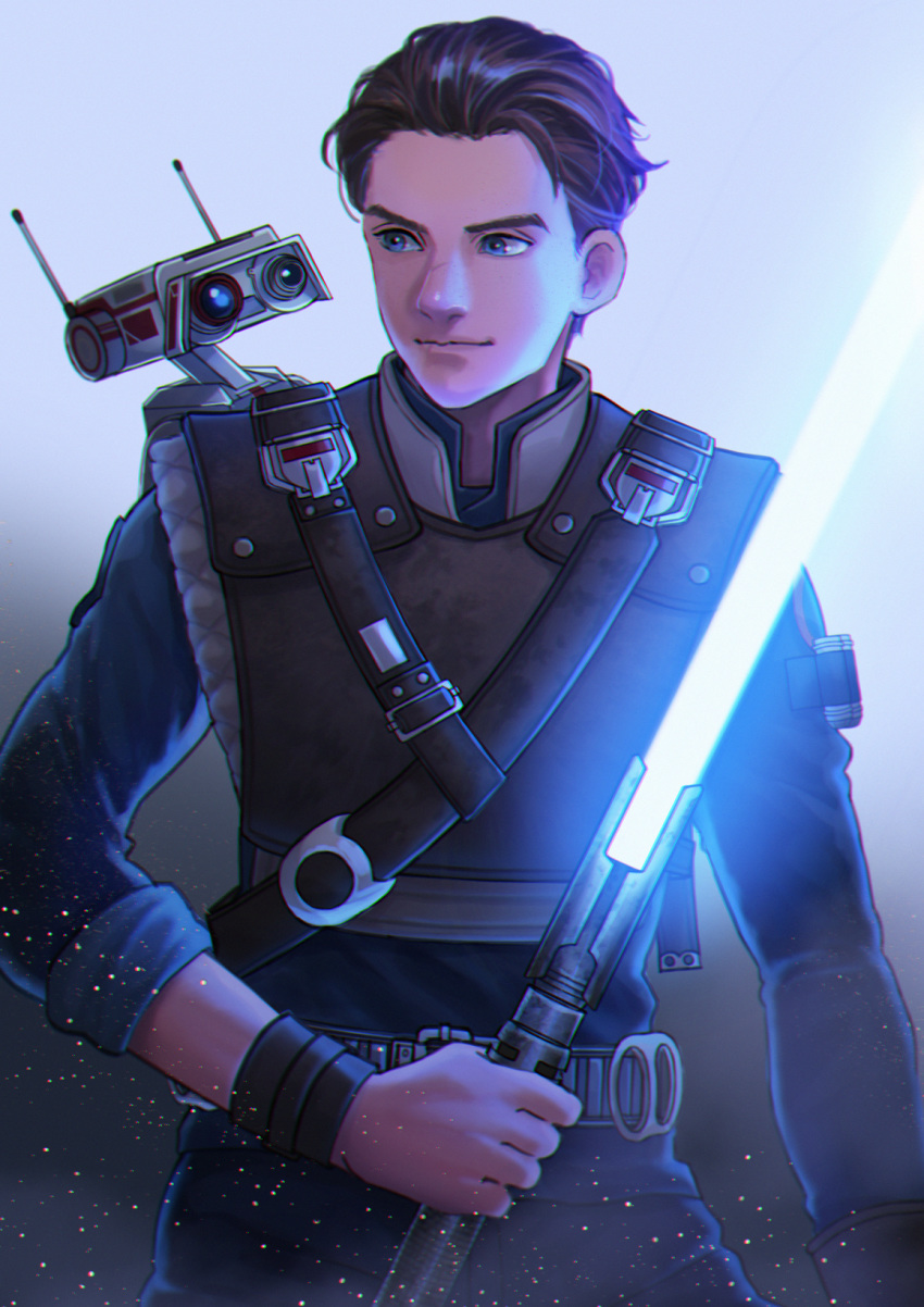 1boy animification bd-1 belt blue_eyes body_armor brown_hair cal_kestis carrying commentary_request commission debris droid energy_beam energy_sword highres jedi light light_particles lightsaber male_focus posha-art radio_antenna robot scar science_fiction skeb_commission sparks star_wars star_wars_jedi:_fallen_order sword upper_body weapon wristband