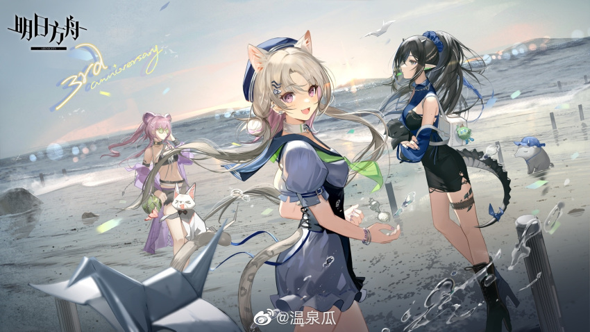 3girls alternate_costume animal_ears arknights bare_shoulders bikini black_bikini black_choker black_shorts blacknight_(arknights) blue_sky breasts choker cowboy_shot day eyewear_on_head guest_art hair_between_eyes head_tilt highres jacket kazemaru_(arknights) lin_(arknights) long_hair looking_at_viewer medium_breasts mouse_ears multiple_girls navel off_shoulder official_alternate_costume one_eye_closed outdoors pink_hair purple_eyes purple_jacket short_shorts shorts sky standing stomach sunglasses swimsuit thigh_strap thighs wenquangua