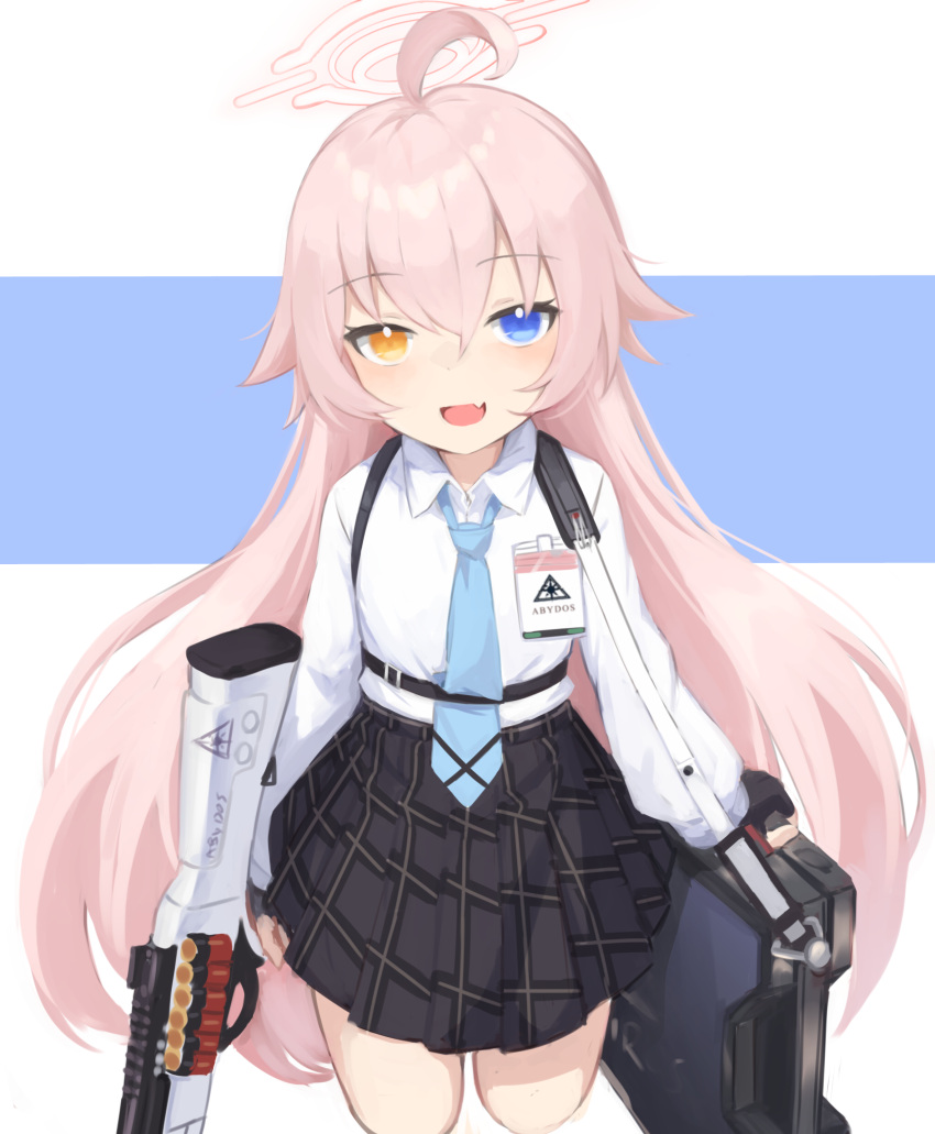 :d absurdres ahoge bag beretta_1301 black_gloves black_skirt blue_archive blue_eyes blue_necktie cropped_legs female fingerless_gloves gloves gun hair_between_eyes halo heterochromia high-waist_skirt highres holding holding_gun holding_weapon hoshino_(blue_archive) klaius long_hair long_sleeves looking_at_viewer necktie oerba_yun_fang open_mouth orange_eyes pink_hair pink_halo pleated_skirt shirt shotgun shotgun_shell shoulder_bag skin_fang skirt smile solo standing very_long_hair weapon white_shirt