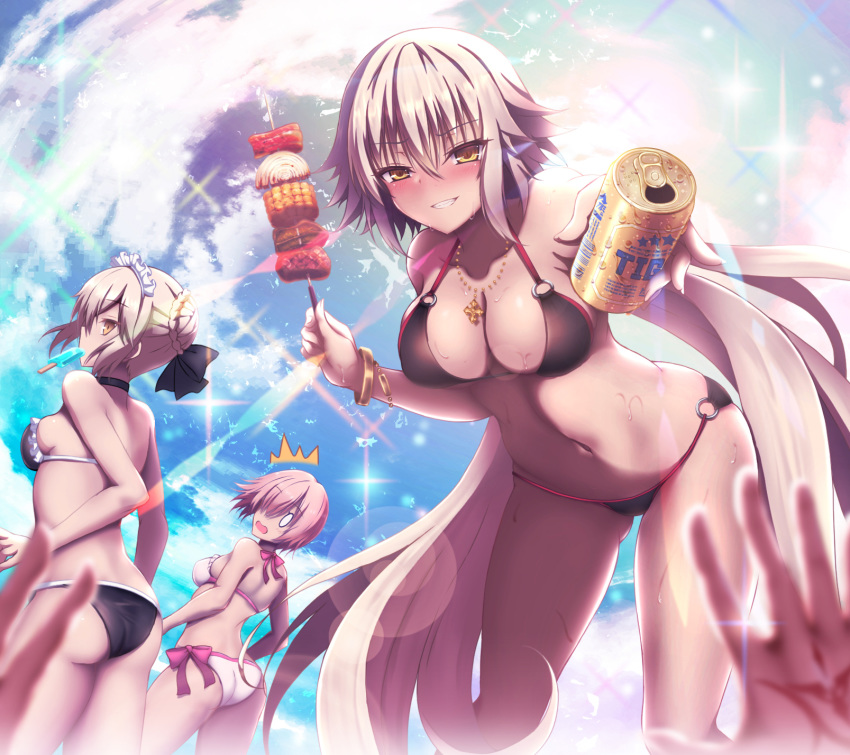 0_0 4girls :d ^^^ adapted_costume akina_t artoria_pendragon_(alter_swimsuit_rider)_(fate) artoria_pendragon_(alter_swimsuit_rider)_(second_ascension)_(fate) artoria_pendragon_(fate) ass ass_visible_through_thighs bare_shoulders beer_can bent_over bikini black_bikini black_bow black_choker blonde_hair blurry blurry_foreground bow breasts brown_eyes can choker cleavage cloud collarbone command_spell day depth_of_field drink_can fate/grand_order fate_(series) food frilled_bikini frills fujimaru_ritsuka_(female) grey_hair grin hair_bun hair_over_one_eye hairbow highres jeanne_d'arc_alter_(fate) jeanne_d'arc_alter_(swimsuit_berserker)_(fate) jewelry lens_flare long_hair looking_at_viewer looking_back maid_headdress mash_kyrielight mash_kyrielight_(swimsuit_of_perpetual_summer) meat medium_breasts mouth_hold multiple_girls navel necklace o-ring o-ring_bikini official_alternate_costume onion open_mouth outdoors outstretched_arm photoshop_(medium) pink_bow pink_hair popsicle pov short_hair side-tie_bikini_bottom single_hair_bun skewer small_breasts smile sparkle stomach sunlight surprised swimsuit teeth v-shaped_eyebrows very_long_hair white_bikini