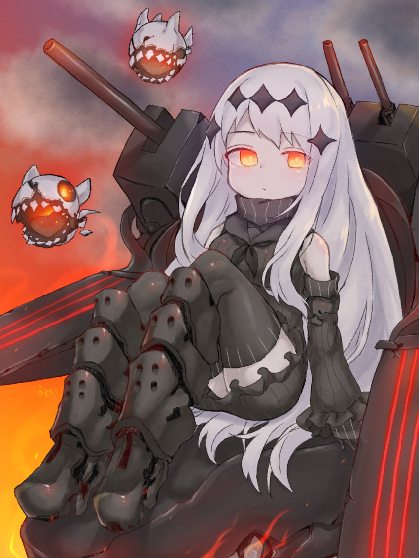 abyssal_ship aircraft_carrier_water_oni armored_boots black_neckerchief black_thighhighs boots breasts closed_mouth detached_sleeves enemy_aircraft_(kancolle) female hair_ornament highres kantai_collection knee_boots korumochi large_breasts long_hair looking_at_viewer neckerchief orange_eyes pale_skin sitting thighhighs turret turtleneck very_long_hair white_hair