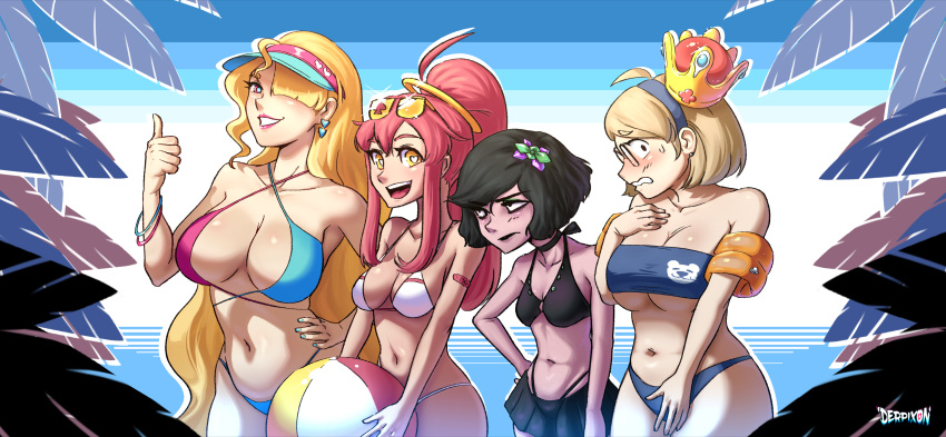 4girls absurdres ahoge artist_name ball bandaid beach beachball bikini black_hair black_lips black_shirt blonde_hair breasts choker crown derpixon earrings eyeshadow fiona_(derpixon) frilled_bikini frills glasses hairband hat heart heart-shaped_pupils highres jewelry large_breasts leaf makeup mari_(derpixon) medium_breasts multicolored_clothes multiple_girls ocean open_mouth original pink_hair pink_lips ponytail shirt short_hair signature small_breasts string_bikini sunglasses sunny_(derpixon) sweatdrop swimsuit symbol-shaped_pupils valentine_(derpixon) yellow_eyes