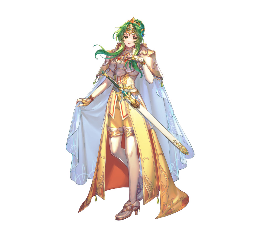 :d absurdres amiti armor breastplate cape commentary_request dress elincia_ridell_crimea elincia_ridell_crimea_(undaunted_queen) female fire_emblem fire_emblem:_radiant_dawn fire_emblem_heroes fujikawa_arika full_body green_hair high_heels highres long_hair official_art pants pauldrons scabbard sheath sheathed shoulder_armor simple_background smile solo standing sword thighhighs weapon white_background white_cape white_thighhighs yellow_dress yellow_pants