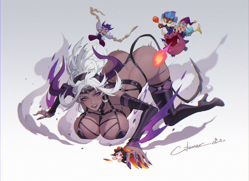 alternate_costume aqua_hair ass black_footwear black_hair black_sleeves bondage_outfit boots brave_phoenix_xayah breasts breath_weapon breathing_fire character_request citemer dark-skinned_female dark_skin detached_sleeves dragon_trainer_heimerdinger dragon_trainer_lulu fire gradient_background hat heimerdinger high_heel_boots high_heels highres horns large_breasts league_of_legends lulu_(league_of_legends) lunar_wraith_sylas o-ring oerba_yun_fang open_mouth pointy_ears purple_eyes purple_hair purple_nails revealing_clothes signature solo_focus sylas_(league_of_legends) syndra tail white_hair wizard_hat x_x xayah