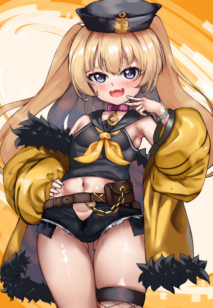 :d absurdres anchor_hat_ornament azur_lane bache_(azur_lane) bare_shoulders belt belt_pouch black_shirt black_shorts blonde_hair blush brown_belt coat crop_top female hair_between_eyes hand_on_own_hip hand_up hat hat_ornament highres legs_together long_hair looking_at_viewer micro_shorts midriff navel oerba_yun_fang off_shoulder open_clothes open_coat pouch purple_eyes purplecat shirt short_shorts shorts skindentation sleeveless sleeveless_shirt smile solo standing thigh_gap thigh_strap thighs torn_clothes torn_shorts two_side_up unzipped v_over_mouth very_long_hair yellow_coat