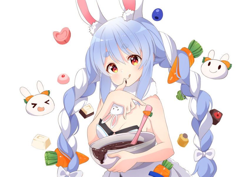 >_< ame. animal_ear_fluff animal_ears bare_arms bare_shoulders black_leotard blue_hair blush bow bowl braid breasts carrot_hair_ornament chocolate chocolate_on_hand cleavage closed_mouth commentary don-chan_(usada_pekora) dress female food-themed_hair_ornament food_on_hand fur-trimmed_dress fur_trim hair_between_eyes hair_ornament hairbow hand_up heart highres holding holding_bowl hololive leotard licking_lips long_hair looking_at_viewer medium_breasts mixing_bowl multicolored_hair no_detached_sleeves open_mouth pekomon_(usada_pekora) rabbit_ears red_eyes short_eyebrows simple_background smile solo_focus strapless strapless_dress strapless_leotard symbol-only_commentary thick_eyebrows tongue tongue_out twin_braids twintails two-tone_hair upper_body usada_pekora usada_pekora_(1st_costume) very_long_hair virtual_youtuber white_background white_bow white_dress white_hair