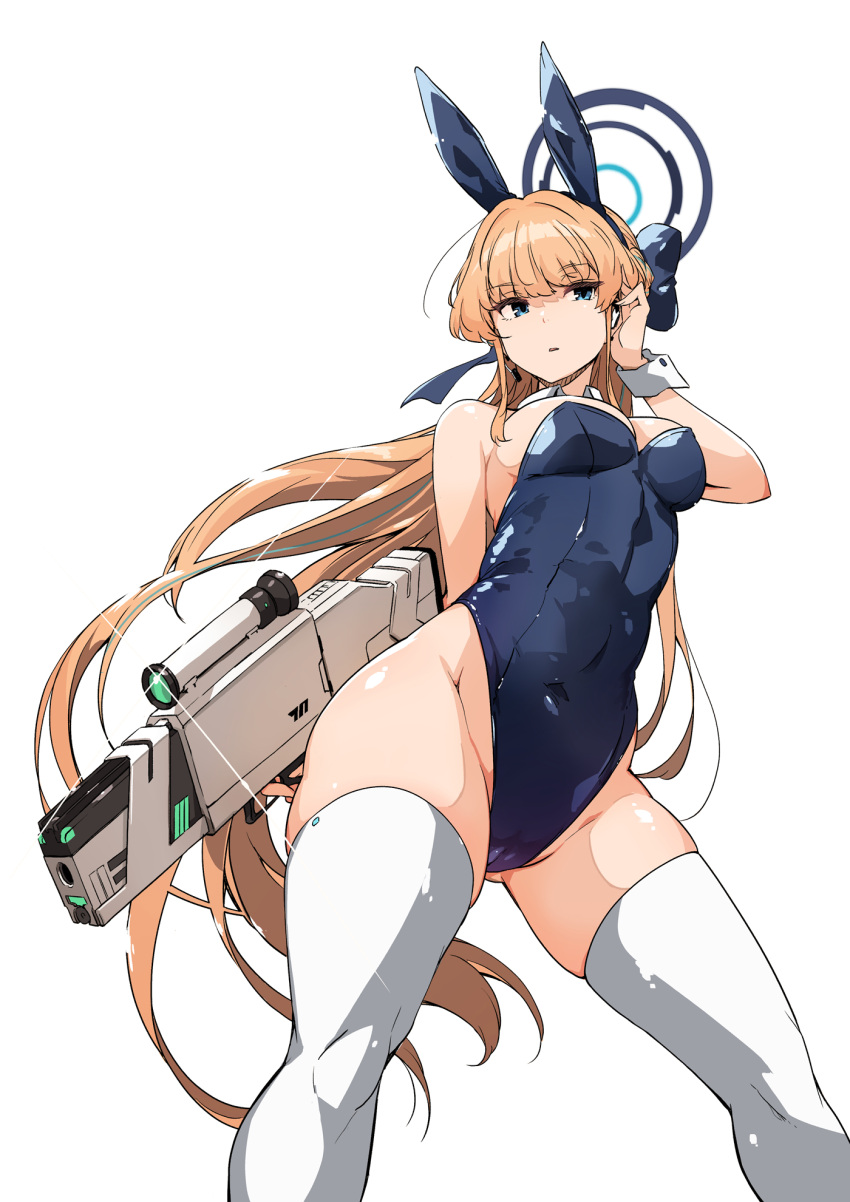 animal_ears ass_visible_through_thighs bare_shoulders blonde_hair blue_archive blue_eyes blue_hairband blue_halo blue_leotard breasts commentary_request fake_animal_ears female gun hair_ornament hairband halo hand_up highleg highleg_leotard highres holding holding_gun holding_weapon large_breasts leotard long_hair official_alternate_costume parted_lips playboy_bunny rabbit_ears simple_background solo thick_thighs thighhighs thighs toki_(blue_archive) toki_(bunny)_(blue_archive) tokiwa_midori_(kyokutou_funamushi) weapon white_background white_thighhighs wrist_cuffs