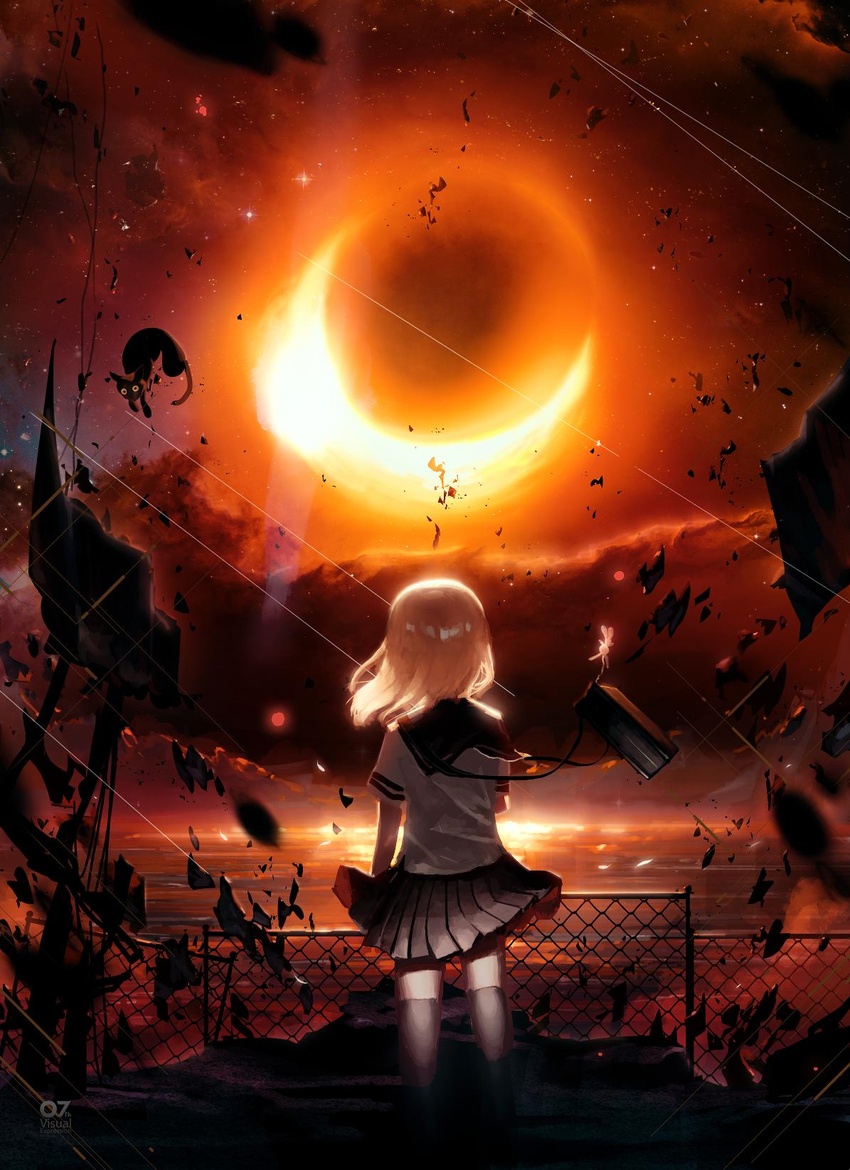 apocalypse armageddon artist_name backlighting bad_id bad_twitter_id bag black_hole blonde_hair blurry blurry_foreground chain-link_fence cloud commentary costor32 dark eclipse facing_away feline female fence floating highres long_hair m87_black_hole original pleated_skirt sailor_collar school_bag school_uniform serafuku shirt short_sleeves skirt sky solo standing star_(sky) starry_sky thighhighs white_shirt