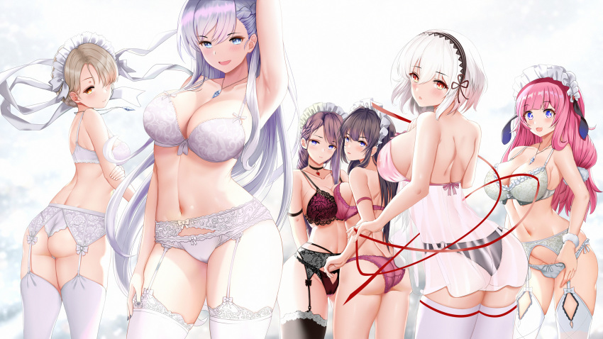 6+girls absurdres arm_up armpits ass azur_lane babydoll belfast_(azur_lane) black_hair black_legwear blonde_hair blue_eyes blue_gemstone blush bra braid breasts chains choker cleavage collar collarbone commentary_request curacoa_(azur_lane) curlew_(azur_lane) french_braid frills garter_belt gem groin hair_between_eyes hair_ornament hair_over_one_eye hairband highleg highleg_panties highres holding_own_arm jewelry lace lace-trimmed_bra lace-trimmed_hairband lace-trimmed_legwear lace-trimmed_panties lace_trim large_breasts long_hair looking_at_viewer looking_back low-tied_long_hair lowleg lowleg_panties maid maid_headdress multiple_girls navel necklace open_mouth panties panties_over_garter_belt photoshop_(medium) pink_babydoll pink_bra pink_hair pink_panties piukute062 purple_bra purple_hair red_eyes ribbon sheffield_(azur_lane) short_hair side_braid sidelocks sirius_(azur_lane) smile stomach suffolk_(azur_lane) thighhighs underwear underwear_only white_bra white_hair white_panties yellow_eyes