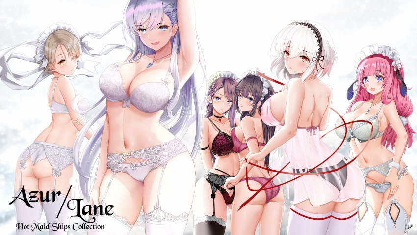 6+girls absurdres arm_up armpits ass azur_lane babydoll belfast_(azur_lane) black_hair black_legwear blonde_hair blue_eyes blue_gemstone blush bra braid breasts chains choker cleavage collar collarbone commentary curacoa_(azur_lane) curlew_(azur_lane) french_braid frills garter_belt gem grey_hair groin hair_between_eyes hair_ornament hair_over_one_eye hairband highres holding_own_arm jewelry lace-trimmed_hairband lace_trim large_breasts long_hair looking_at_viewer looking_back low-tied_long_hair maid maid_headdress multiple_girls navel necklace open_mouth panties photoshop_(medium) pink_babydoll pink_bra pink_hair pink_panties piukute062 purple_bra purple_hair red_eyes ribbon sheffield_(azur_lane) short_hair side_braid sidelocks sirius_(azur_lane) smile stomach suffolk_(azur_lane) thighhighs underwear underwear_only white_bra white_hair white_panties yellow_eyes