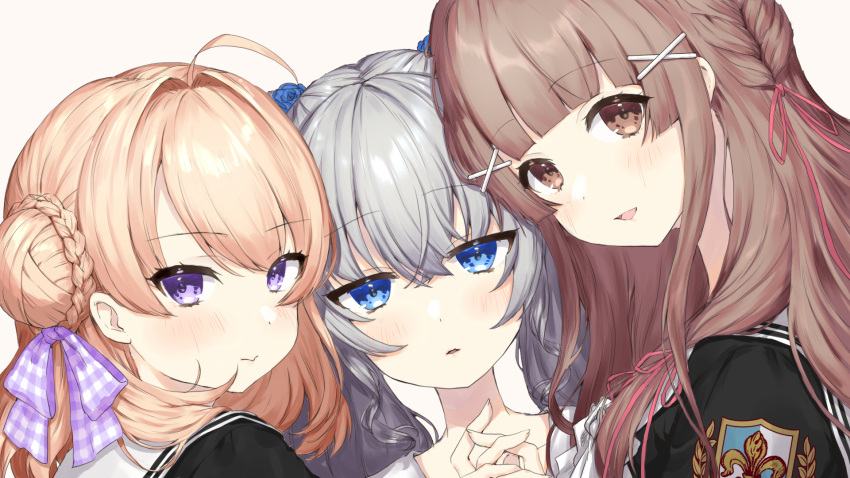 3girls ahoge blonde_hair blue_eyes blush bow braid brown_eyes brown_hair checkered_bow checkered_clothes close-up collarbone double_bun flower grey_hair hair_bun hair_ornament hair_ribbon hairbow hairclip head_tilt highres hoshinomiya_reno kogumaduki_noa lily_(flower) long_hair looking_at_viewer mejiro_yae multiple_girls open_mouth parted_lips patch pout purple_bow purple_eyes red_ribbon ribbon shoulder_patch sidelocks simple_background single_hair_bun smile sorami_himari virtual_youtuber white_bow yurianna_girls_college