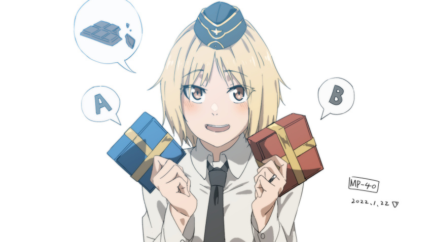 blonde_hair box brown_eyes chocolate collared_shirt commentary_request commission commissioner_upload female gift gift_box girls'_frontline hat highres holding holding_gift jewelry long_sleeves looking_at_viewer md5_mismatch military military_hat military_uniform mp40_(girls'_frontline) necktie open_mouth pixiv_commission resolution_mismatch ring shirt short_hair smile solo source_smaller triangle_bullet uniform wedding_ring