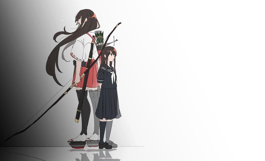 2girls akagi_(kancolle) akagi_kai_ni_(kancolle) alternate_costume arms_behind_back arrow_(projectile) black_background black_legwear black_sailor_collar black_serafuku black_skirt bow_(weapon) brown_eyes brown_hair closed_mouth commentary dual_persona full_body glowing glowing_eye gradient_background hair_between_eyes hair_over_shoulder hakama hakama_short_skirt hakama_skirt height_difference hisaki_(morenabe) holding holding_bow_(weapon) holding_weapon japanese_clothes kantai_collection kimono kneehighs loafers long_hair mast multiple_girls neckerchief okobo pleated_skirt quiver red_hakama red_ribbon reflection remodel_(kantai_collection) ribbon ribbon-trimmed_legwear ribbon-trimmed_sleeves ribbon_trim rigging rudder_footwear sailor_collar sandals school_uniform serafuku shoes short_sleeves sidelocks skirt socks standing sword tabi tasuki thighhighs weapon white_background white_kimono white_legwear white_neckerchief