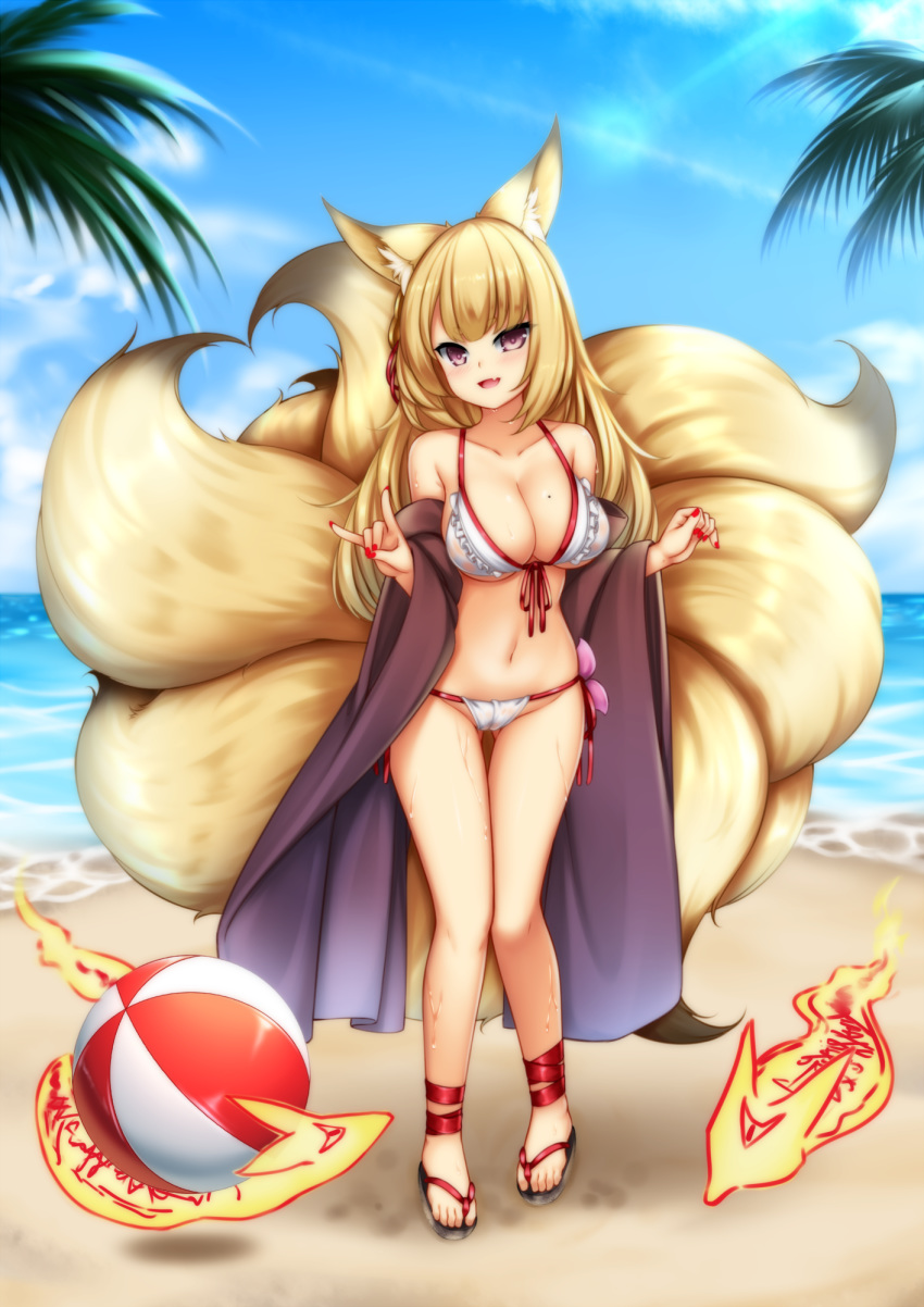 :d animal_ear_fluff animal_ears ass_visible_through_thighs ball bare_shoulders beach beachball bikini blonde_hair breasts collarbone commentary_request day female fox_ears fox_girl fox_shadow_puppet fox_tail frilled_bikini frills full_body heart heart_tail highres kayou_(sennen_sensou_aigis) large_breasts long_hair looking_at_viewer minaha_(playjoe2005) mole mole_on_breast multiple_tails navel oerba_yun_fang open_mouth outdoors pink_eyes red_nails sennen_sensou_aigis side-tie_bikini_bottom skin_fang smile solo standing swimsuit tail water