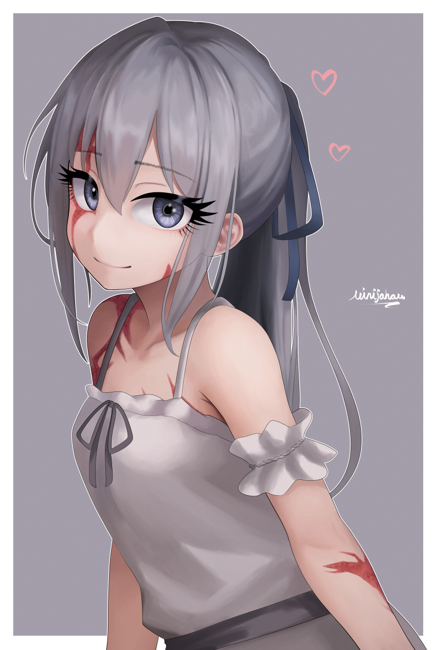 absurdres arm_garter blue_ribbon collarbone dorei_to_no_seikatsu_~teaching_feeling~ dress female grey_background grey_dress grey_eyes grey_hair hair_ribbon heart highres long_hair minijaham ponytail ribbon scar scar_across_eye scar_on_arm scar_on_chest scar_on_face scar_on_shoulder signature sleeveless sleeveless_dress solo sylvie_(dorei_to_no_seikatsu) thick_eyelashes