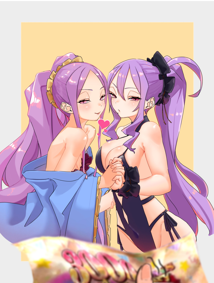 2girls bare_shoulders black_one-piece_swimsuit breasts chinese_clothes cleavage dress dual_persona fate/grand_order fate_(series) forehead hair_between_eyes hair_ornament hair_scrunchie hanfu heart highleg highleg_swimsuit highres large_breasts long_hair long_sleeves looking_at_viewer multiple_girls niwaikanai off_shoulder one-piece_swimsuit open_mouth parted_bangs ponytail purple_dress purple_eyes purple_hair scrunchie sidelocks small_breasts smile summon_ticket_(fate) swimsuit tongue tongue_out twintails variant_set very_long_hair wide_sleeves wrist_scrunchie wu_zetian_(fate) wu_zetian_(first_ascension)_(fate) wu_zetian_(swimsuit_caster)_(fate) wu_zetian_(swimsuit_caster)_(first_ascension)_(fate) yellow_scrunchie