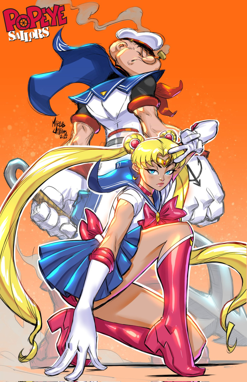 1boy alternate_costume anchor arm_up arms_at_sides back_bow bald bishoujo_senshi_sailor_moon blonde_hair blue_eyes blue_sailor_collar blue_skirt boots bow bowtie cape choker closed_eyes closed_mouth crescent crescent_earrings crossover diadem earrings expressionless female full_body gloves hat highres holding holding_anchor jewelry lips looking_at_viewer magical_girl marcus_williams microskirt on_one_knee outstretched_arm panties pants pipe_in_mouth pleated_skirt popeye popeye_the_sailor red_bow red_bowtie red_choker red_panties sailor sailor_collar sailor_hat sailor_moon sailor_senshi sailor_senshi_uniform short_cape short_sleeves skirt smoke smoking smoking_pipe standing tsukino_usagi twintails underwear v v-shaped_eyebrows white_pants