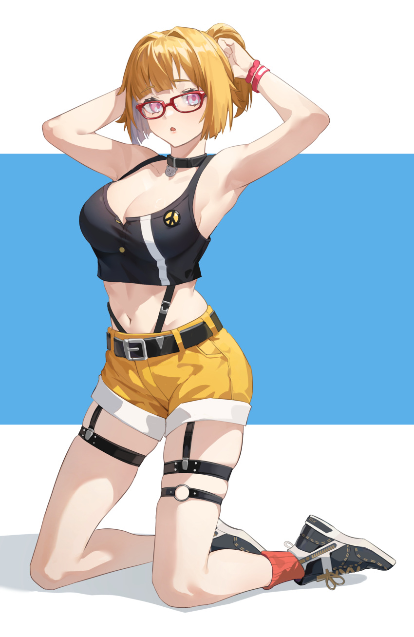 absurdres armpits belt black_shirt breasts brown_hair collar commission female full_body girls'_frontline glasses grizzly_mkv_(girls'_frontline) grizzly_mkv_(weekend_cop)_(girls'_frontline) highres holding looking_at_viewer medium_breasts mentha navel open_mouth purple_eyes red_socks second-party_source shirt shoes short_hair shorts skindentation socks solo tank_top thigh_strap yellow_shorts