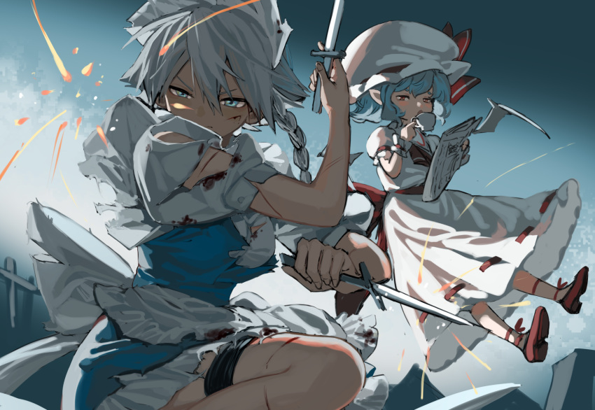 2girls apron ascot bat_wings blue_eyes blue_hair blue_skirt blue_vest braid chinese_commentary commentary cup dress grey_hair hat hat_ribbon highres holding holding_cup holding_knife holding_newspaper injury izayoi_sakuya knife looking_at_viewer maid_apron mob_cap multiple_girls newspaper puffy_short_sleeves puffy_sleeves red_ascot red_footwear remilia_scarlet ribbon scar scar_on_arm scar_on_face scar_on_leg shirt short_hair short_sleeves skirt socks teacup thigh_strap torn_clothes torn_shirt torn_skirt torn_vest touhou touhou_lost_branch_of_legend tuck_(tuck23978434) v-shaped_eyebrows vest white_apron white_dress white_headdress white_headwear white_socks wings