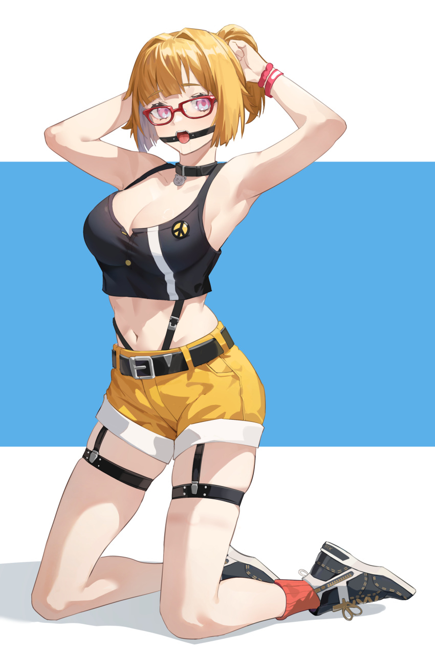 absurdres armpits belt black_shirt breasts brown_hair collar commission female full_body gag gagged girls'_frontline glasses grizzly_mkv_(girls'_frontline) grizzly_mkv_(weekend_cop)_(girls'_frontline) highres holding improvised_gag looking_at_viewer medium_breasts mentha navel open_mouth purple_eyes red_socks second-party_source shirt shoes short_hair shorts skindentation socks solo tank_top thigh_strap yellow_shorts