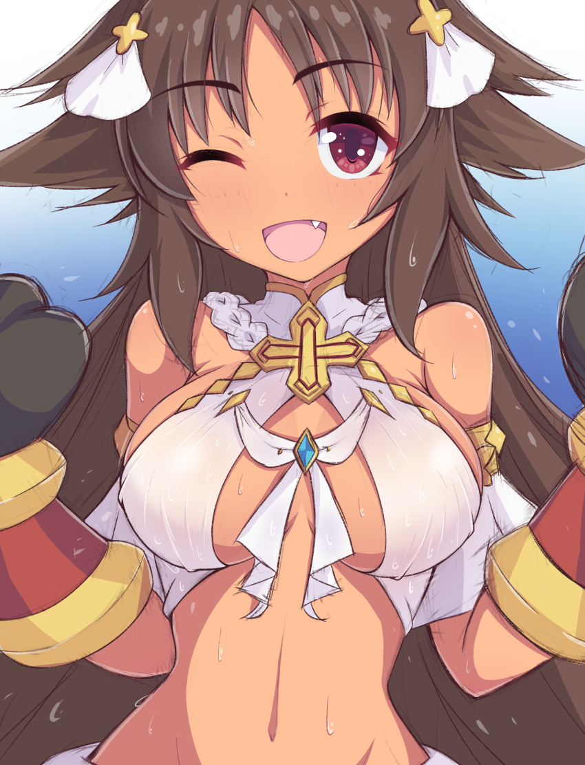 absurdres breasts brown_hair commentary_request cosplay dark_skin female hair_flaps highres kaori_(princess_connect!) kuroha_koudai large_breasts long_hair navel oerba_yun_fang one_eye_closed princess_connect! red_eyes smile solo tan very_long_hair yui_(ceremonial)_(princess_connect!) yui_(princess_connect!) yui_(princess_connect!)_(cosplay)