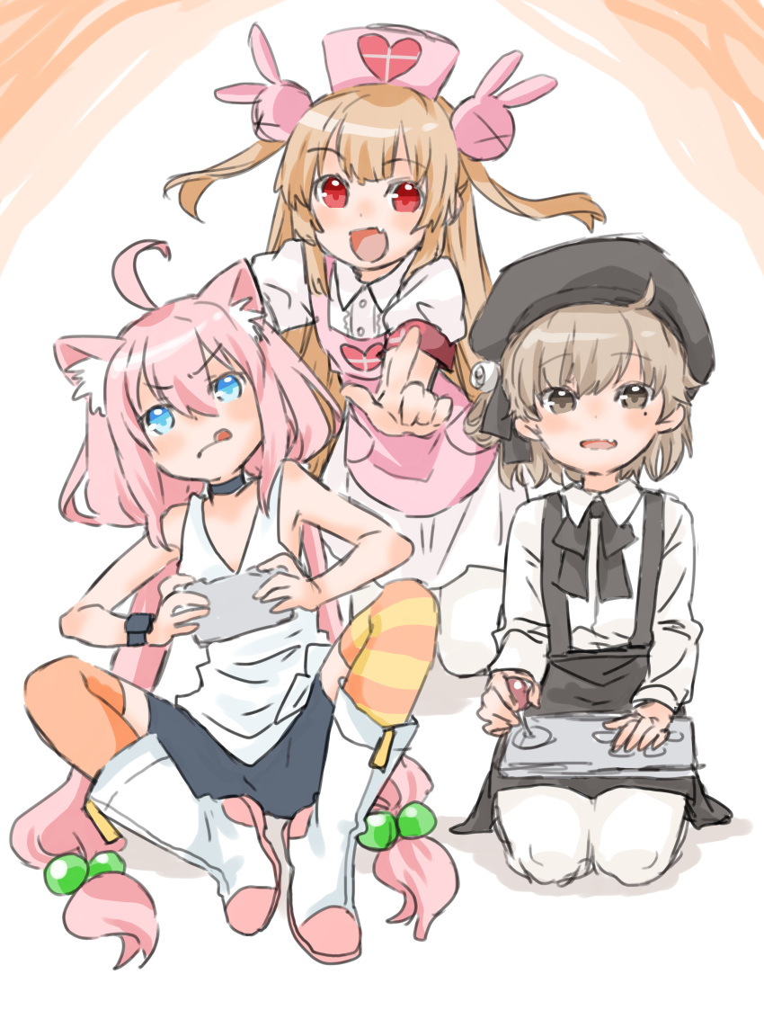 3girls :q absurdres animal_ear_fluff animal_ears apron arcade_stick asymmetrical_legwear beret bike_shorts black_headwear black_ribbon black_skirt blonde_hair blue_eyes blush boots brown_eyes brown_hair cat_ears cat_girl center_frills closed_mouth collared_dress commentary controller dress english_commentary frills frown game_controller hair_bobbles hair_ornament hair_ribbon hat hatoba_tsugu heart heart_print highres hinata_channel holding holding_controller holding_game_controller joystick knee_boots knees_apart_feet_together knees_up long_hair low_twintails mayoineko medium_hair mismatched_legwear mole mole_under_eye multiple_girls natori_sana neck_ribbon nekomiya_hinata nurse_cap oerba_yun_fang orange_thighhighs pantyhose pink_apron pink_hair playing_games pointing puffy_short_sleeves puffy_sleeves rabbit_hair_ornament red_eyes ribbon sana_channel seiza shirt short_sleeves single_hair_ring sitting skirt smile striped_clothes striped_thighhighs suspender_skirt suspenders tank_top thighhighs tongue tongue_out tsugu_(vtuber) twintails two_side_up v-shaped_eyebrows very_long_hair virtual_youtuber white_dress white_pantyhose white_shirt white_tank_top yellow_thighhighs