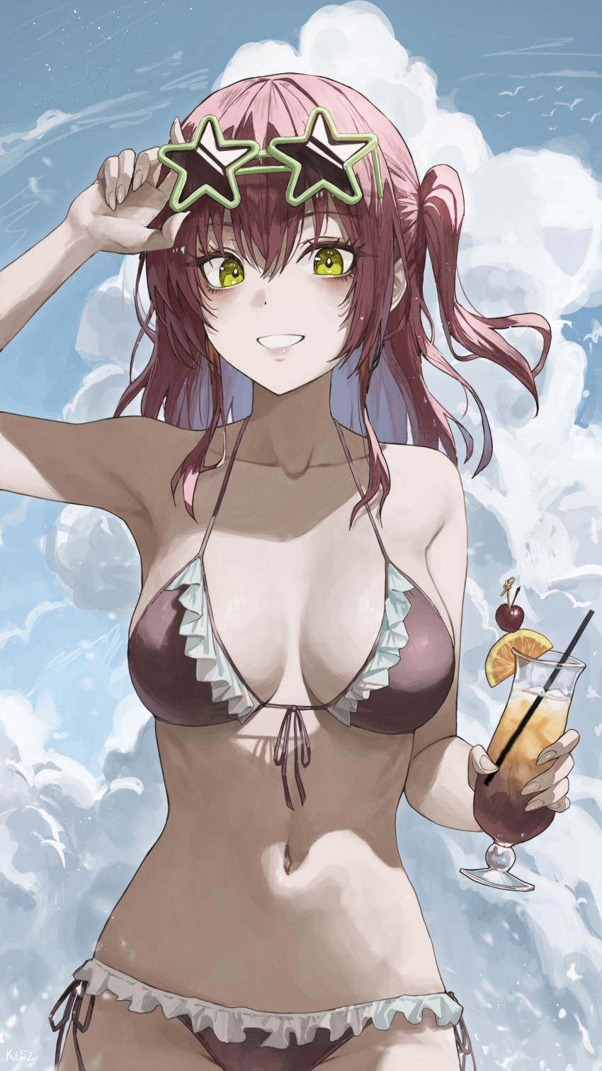 :d adjusting_eyewear armpits artist_name bikini bird bocchi_the_rock! breasts breasts_apart cherry cloud collarbone commentary cup drinking_glass drinking_straw eyewear_on_head female food frilled_bikini frills front-tie_bikini_top front-tie_top fruit green_eyes grin hair_between_eyes halterneck hand_on_eyewear hand_up highres holding holding_cup hurricane_glass ki-16 kita_ikuyo long_hair looking_at_viewer medium_breasts narrow_waist navel one_side_up orange_(fruit) orange_slice outdoors red_bikini red_hair seagull side-tie_bikini_bottom sidelocks smile solo star-shaped_eyewear star_(symbol) stomach string_bikini sunglasses swimsuit