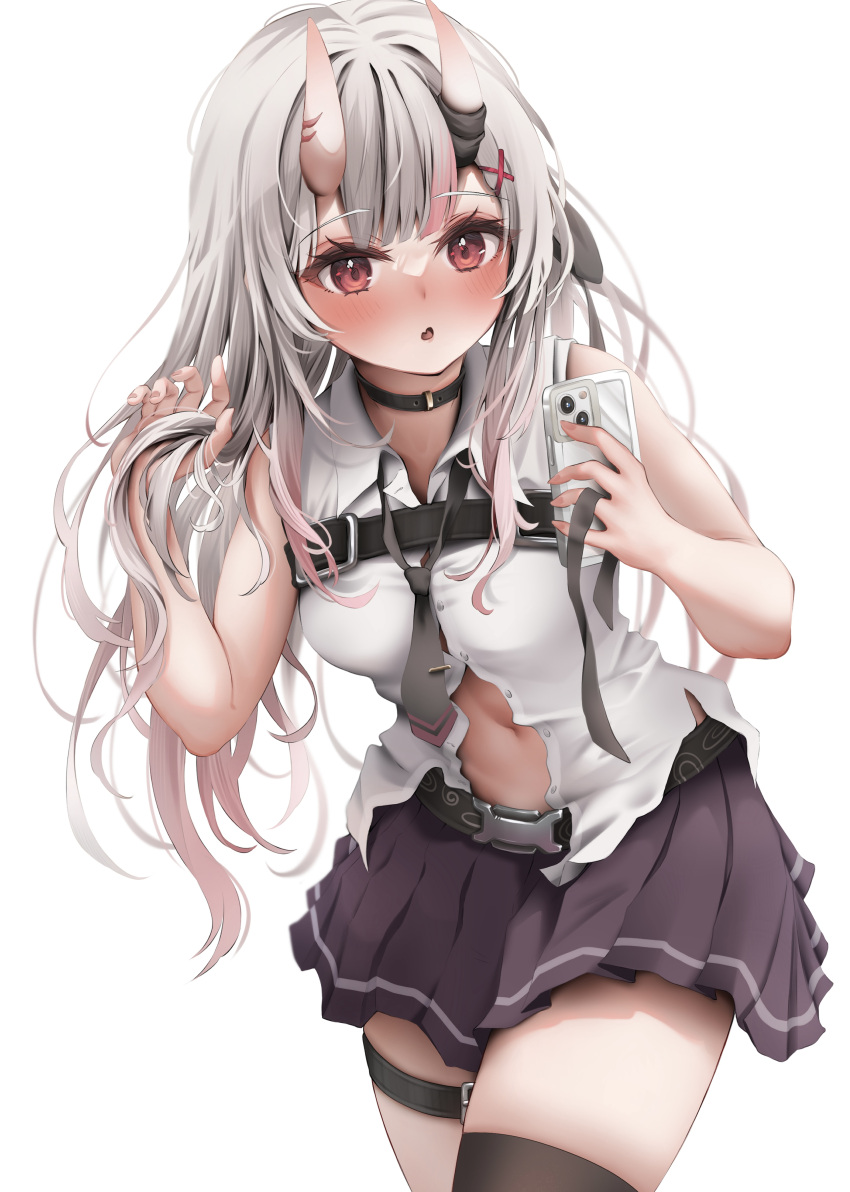 :o absurdres black_necktie black_skirt black_thighhighs blush cellphone choker commentary_request cowboy_shot female grey_hair hair_down hair_ornament highres holding holding_phone hololive horns long_hair nakiri_ayame nakiri_ayame_(streetwear) navel necktie oerba_yun_fang phone pleated_skirt red_eyes shirt simple_background single_thighhigh skin-covered_horns skin_fang skirt sleeveless sleeveless_shirt solo thigh_strap thighhighs ume_(umedayooo) virtual_youtuber white_background x_hair_ornament