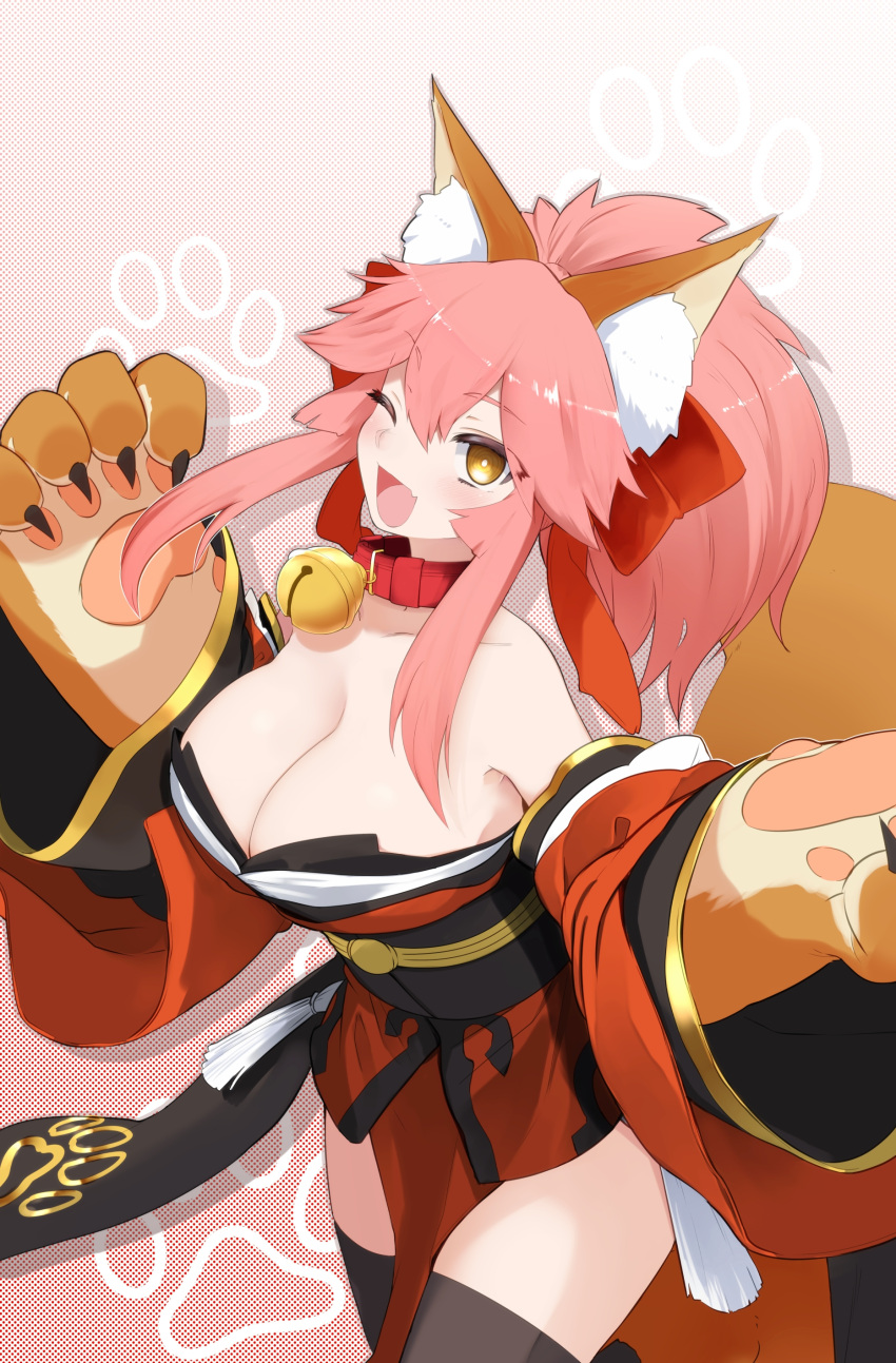 ;d absurdres animal_ear_fluff animal_ears animal_hands ariyoshi_gen bare_shoulders bell black_thighhighs blush bow breasts cleavage collar collarbone commentary_request commission detached_sleeves fate/extra fate/grand_order fate_(series) female fox_ears fox_girl fox_tail gloves hair_between_eyes hairbow highres japanese_clothes jingle_bell kimono large_breasts long_hair looking_at_viewer neck_bell obi oerba_yun_fang one_eye_closed open_mouth paw_gloves pink_hair ponytail red_bow red_kimono sash sidelocks skeb_commission skin_fang smile solo tail tamamo_(fate) tamamo_cat_(fate) tamamo_cat_(first_ascension)_(fate) tassel thighhighs thighs wide_sleeves yellow_eyes