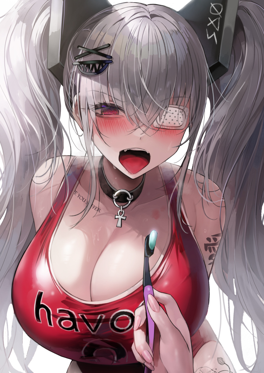 absurdres animal_ears ankh arms_behind_back bad_id bad_pixiv_id bandages bare_shoulders blush breasts cleavage collar collarbone crazy crossed_bangs empty_eyes english_text eyepatch fangs female grey_hair hair_between_eyes hair_ornament havoc-chan highres jersey large_breasts leaning_forward long_hair open_mouth original pov pov_hands red_eyes red_shirt shirt simple_background suou-sensei tank_top tattoo taut_clothes taut_shirt toothbrush toothpaste twintails upper_body white_background yandere