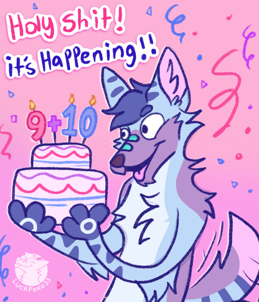 andromorph_(lore) anthro arm_tuft birthday birthday_cake blue_body blue_fur blue_hair cake canid canine cheek_tuft chest_tuft confetti confetti_streamer dessert elbow_tuft english_text facial_tuft food fox fur hair hi_res luckfoxo33 male mammal meme open_mouth open_smile pink_background purple_body purple_fur shoulder_tuft simple_background smile solo tail tail_motion tailwag text tolng trans_(lore) trans_man_(lore) tuft wide_eyed