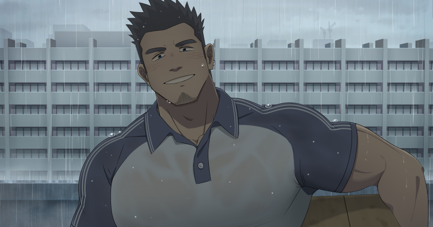 1boy absurdres bara black_eyes black_hair blush carrying_over_shoulder cityscape delivery facial_hair goatee_stubble highres huge_pectorals male_focus mature_male muscular muscular_male original oro9 package paid_reward_available polo_shirt rain seductive_smile see-through shirt short_hair sideburns smile smirk solo spiked_hair stubble tight_clothes tight_shirt upper_body wet wet_clothes wet_hair wet_shirt