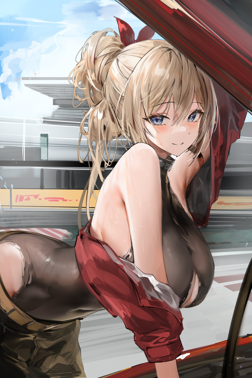 absurdres armlet bare_shoulders belt black_pants blonde_hair blue_eyes bodysuit bow breasts car cleavage_cutout clothing_cutout cloud commentary_request cropped_jacket female hair_between_eyes hair_up hairbow highres huge_breasts jacket leaning_forward lillly lillly_(character) looking_at_viewer motor_vehicle off_shoulder open_hood original outdoors pants racetrack red_bow red_jacket sidelocks sky smile solo standing yellow_belt