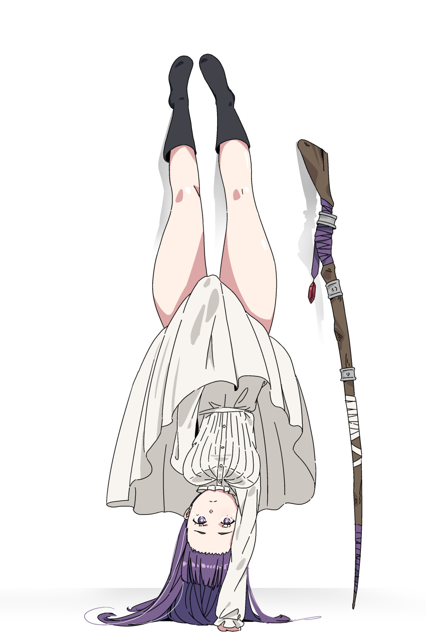 absurdres bare_legs black_footwear blunt_bangs boots breasts bright_pupils closed_mouth commentary covering_crotch covering_privates dress female fern_(sousou_no_frieren) full_body handstand highres long_hair long_sleeves looking_at_viewer lycoris_challenge_(meme) lycoris_recoil mage_staff meme misskiwi one_arm_handstand parody purple_eyes purple_hair simple_background skirt skirt_tug solo sousou_no_frieren straight_hair upside-down white_background white_dress white_pupils