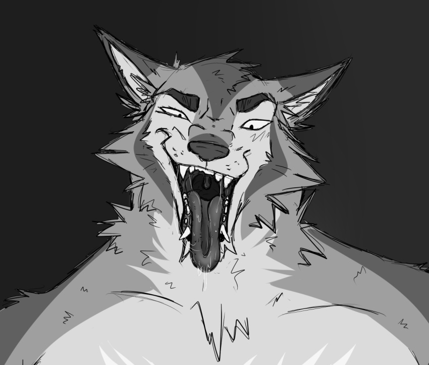 anthro bodily_fluids canid canine canis fangs male mammal monochrome mouth_shot muscular mythological_canine mythological_creature mythology open_mouth querkii_cat143 saliva solo teeth tongue tongue_out uvula were werecanid werecanine werewolf wolf