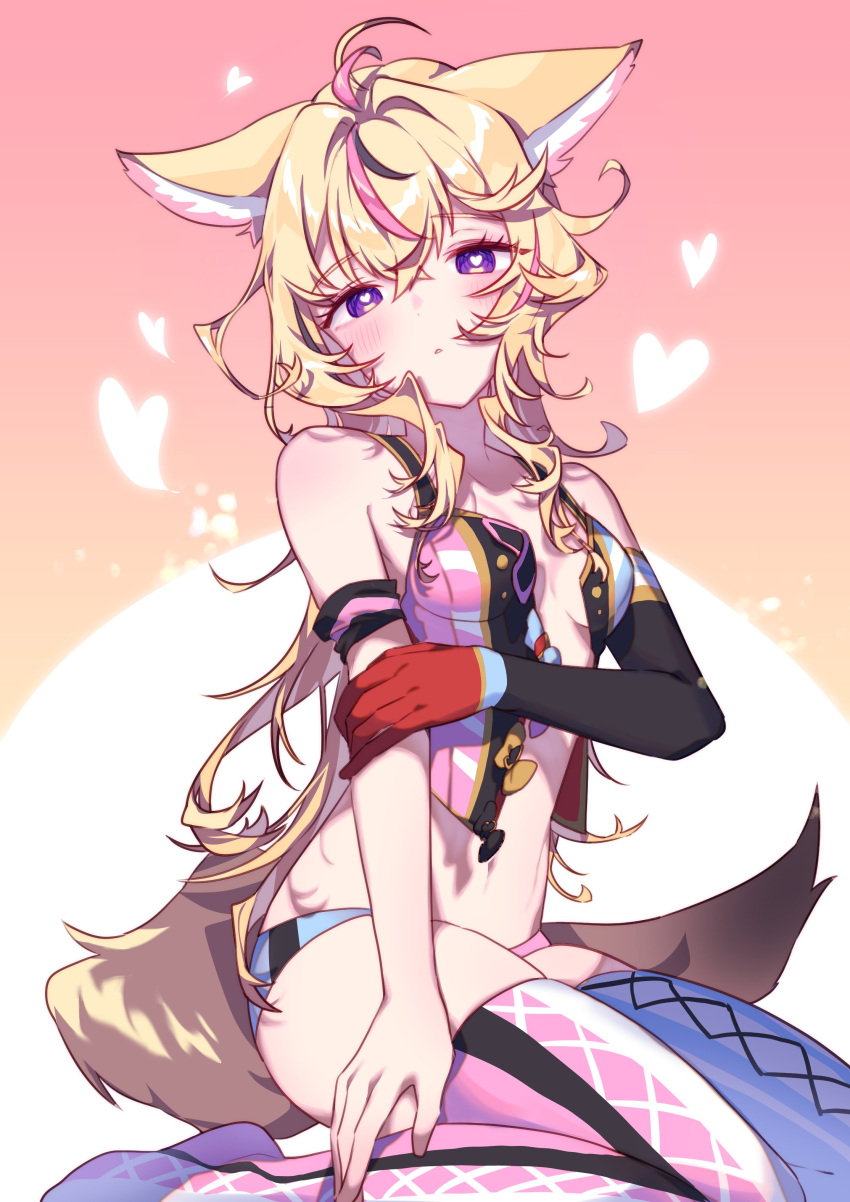 absurdres animal_ear_fluff animal_ears asymmetrical_legwear bare_shoulders black_gloves blue_thighhighs blush breasts cross-laced_clothes cross-laced_legwear dot_nose female fox_ears fox_girl fox_tail gloves gradient_background hair_between_eyes hair_intakes head_tilt heart heart-shaped_pupils highres holding_own_arm hololive kio_is_here long_hair medium_breasts messy_hair midriff mismatched_legwear multicolored_clothes multicolored_gloves multicolored_panties navel omaru_polka omaru_polka_(1st_costume) open_clothes open_mouth orange_background panties pink_panties pink_thighhighs purple_eyes red_gloves seiza single_glove sitting solo symbol-shaped_pupils tail thighhighs twitter_suki underwear virtual_youtuber white_background