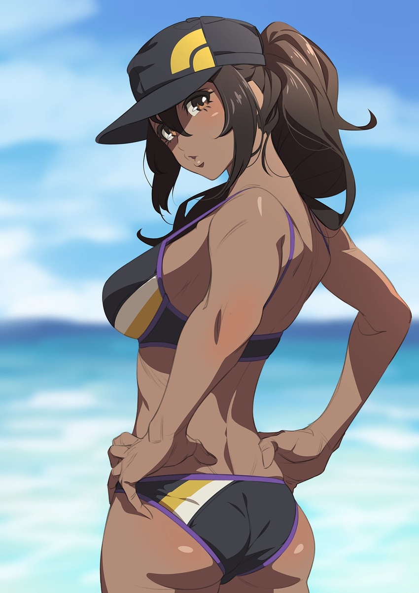 ass bare_shoulders baseball_cap bikini black_bikini blue_sky blush breasts brown_eyes brown_hair cowboy_shot dark-skinned_female dark_skin day female female_protagonist_(pokemon_go) from_behind fukushi_ryouhei hair_between_eyes hands_on_own_hips hat highres lips long_hair looking_at_viewer looking_back medium_breasts ocean outdoors pokemon pokemon_go ponytail puckered_lips shiny_skin sky solo standing swimsuit toned