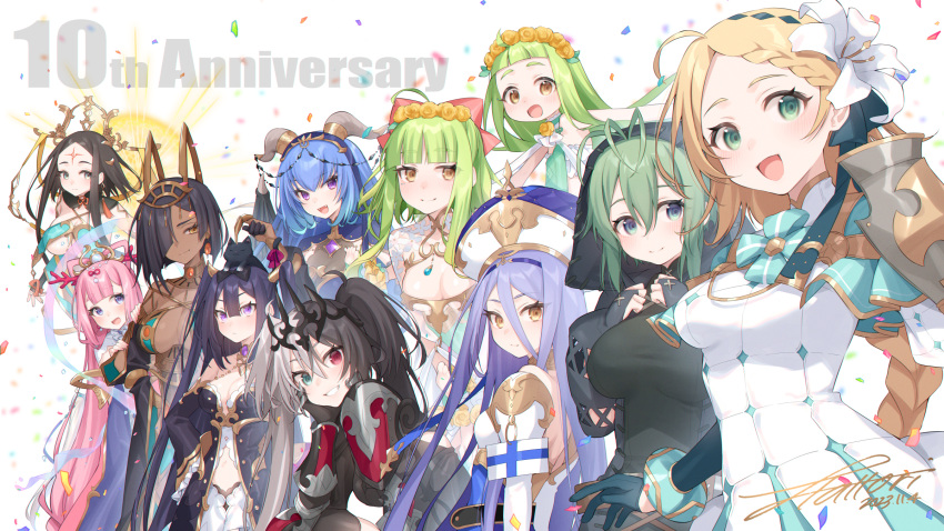 >:( 6+girls :d animal_ears animal_on_head anniversary annotated antenna_hair aqua_capelet arm_support armor aurora_(sennen_sensou_aigis) backless_dress backless_outfit black_bow black_cat black_gloves black_hair blonde_hair blue_hair blunt_bangs blush bow bracer braid braided_bangs breast_suppress breasts brooch cat_on_head center-flap_bangs cleavage cleavage_cutout clothing_cutout commentary confetti coral_hair_ornament dark-skinned_female dark_skin dated detached_sleeves dragon_horns dragon_wings dress earrings egyptian egyptian_clothes emelda_(sennen_sensou_aigis) facial_mark fake_animal_ears fangs feline fermi_(sennen_sensou_aigis) flower flower_wreath forehead_mark gloves gold_trim green_eyes green_hair grin hagoromo hair_between_eyes hair_flower hair_ornament hair_over_one_eye hair_ribbon hair_rings hairband hairbow hand_on_own_cheek hand_on_own_face hands_on_own_chest hat hattori_masaki headdress headpiece heios_(sennen_sensou_aigis) heterochromia highres horns horteus_(sennen_sensou_aigis) jewelry light_blue_hair long_bangs long_hair long_sleeves looking_at_another looking_at_viewer maple_(sennen_sensou_aigis) maya_(sennen_sensou_aigis) meliusiana multicolored_hair multiple_girls navel navel_cutout neve_(sennen_sensou_aigis) on_head otohime_(sennen_sensou_aigis) pauldrons peeking_out pink_hair puffy_sleeves purple_eyes red_eyes ribbon sennen_sensou_aigis shawl short_hair_with_long_locks shoulder_armor shrug_(clothing) signature smile spiked_wings split-color_hair tiara twintails two_side_up usekh_collar v-shaped_eyebrows very_long_hair white_background white_flower wings yellow_eyes yuanshi_tianzun_(sennen_sensou_aigis)