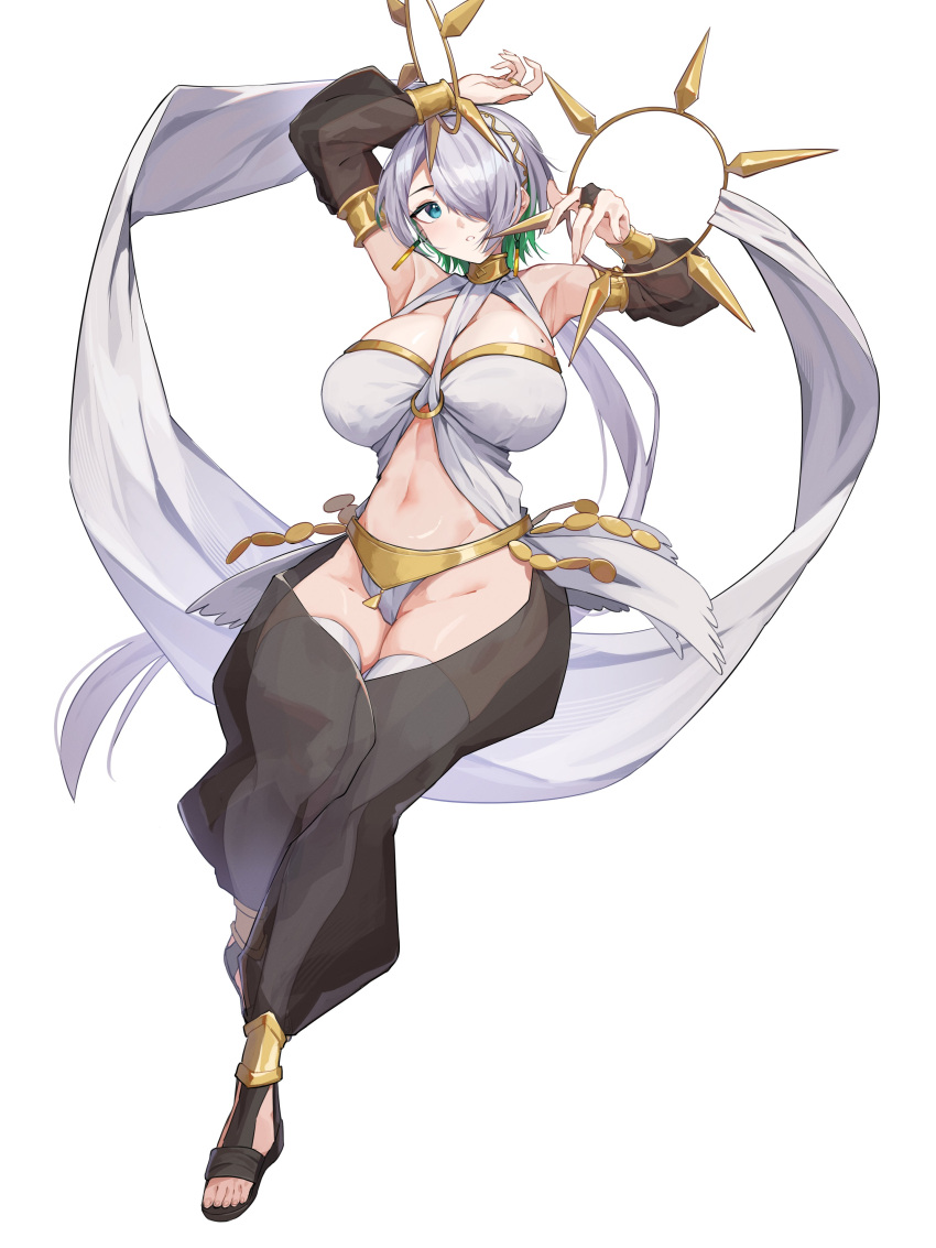 absurdres anklet armlet armpits arms_up bare_shoulders blue_eyes bracelet breasts brid_(nikke) bridal_gauntlets cleavage commission cosplay dancer detached_sleeves earrings english_commentary female fire_emblem fire_emblem_awakening full_body goddess_of_victory:_nikke gold_collar green_hair grey_hair groin hair_between_eyes hair_over_one_eye hairband harem_outfit harem_pants highres huge_breasts jewelry jknor long_hair looking_at_viewer low_ponytail mole mole_on_breast multicolored_hair navel olivia_(fire_emblem) olivia_(fire_emblem)_(cosplay) pants parted_lips sandals second-party_source see-through sidelocks simple_background skindentation solo standing standing_on_one_leg stomach thighhighs two-tone_hair white_background white_hairband white_thighhighs