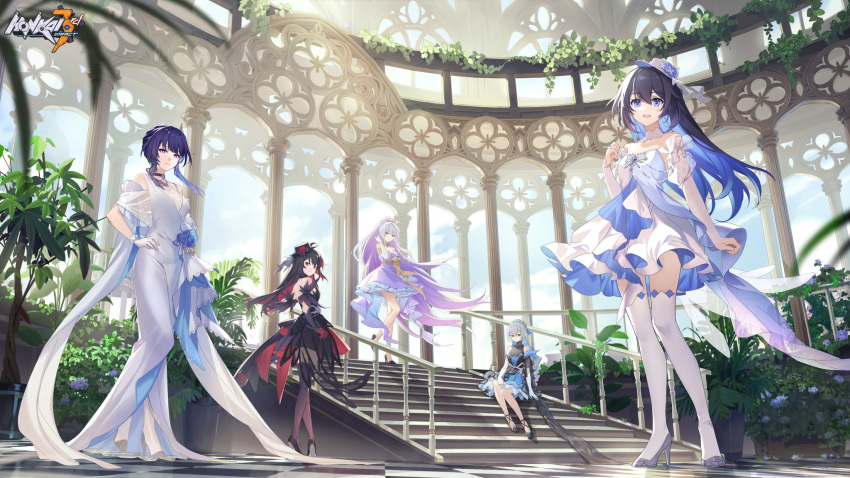 5girls alternate_costume black_hair blue_eyes blue_hair bronya_zaychik bronya_zaychik_(herrscher_of_truth) drill_hair flower grey_eyes highres honkai_(series) honkai_impact_3rd kiana_kaslana kiana_kaslana_(herrscher_of_finality) long_hair looking_at_viewer multiple_girls official_art official_wallpaper open_mouth plant raiden_mei raiden_mei_(herrscher_of_origin) seele_(alter_ego) seele_vollerei seele_vollerei_(herrscher_of_rebirth) seele_vollerei_(starchasm_nyx) white_hair