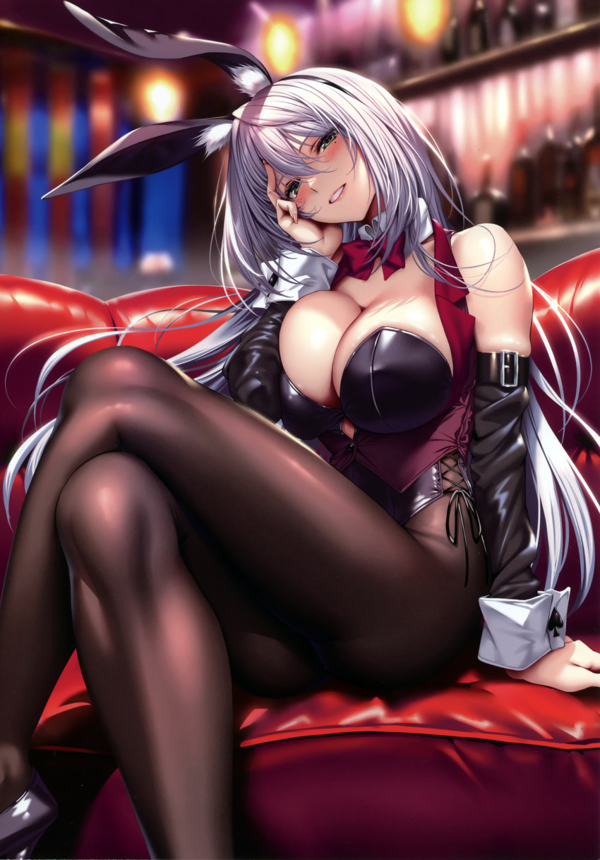 absurdres amagasa_tsuzuri animal_ear_fluff animal_ears bare_shoulders black_leotard blurry blurry_background blush breasts cleavage couch crossed_legs detached_collar fake_animal_ears female fingernails green_eyes hair_ornament hand_on_own_face hand_rest hand_up hanikami_kanojo highleg highleg_leotard highres indoors large_breasts leotard lips long_hair looking_at_viewer mole mole_on_breast mole_under_eye pantyhose parted_lips piromizu playboy_bunny scan shiny_clothes shiny_skin sitting smile solo teeth white_hair wrist_cuffs