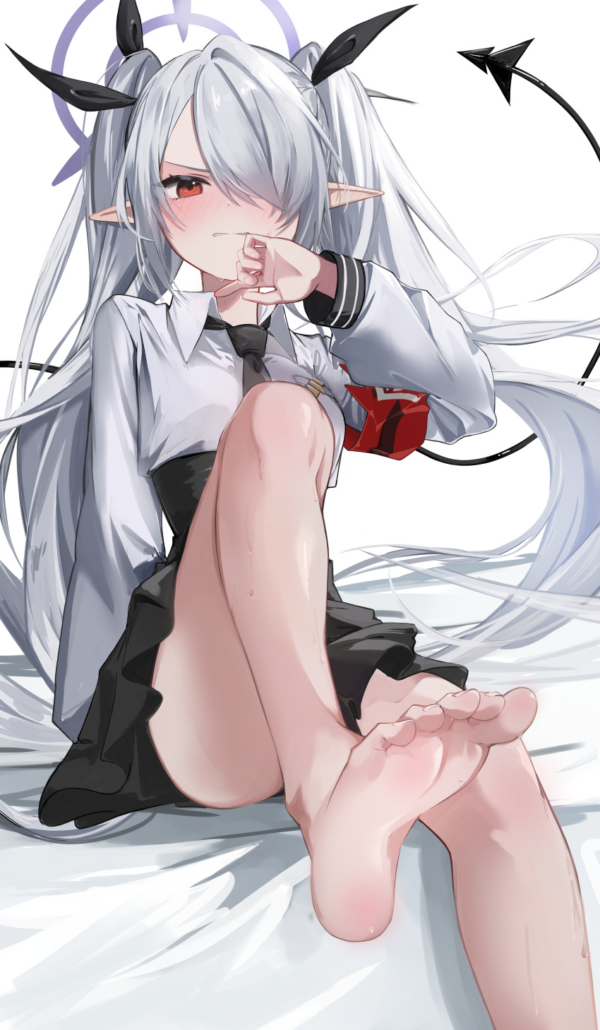 absurdres armband ass august. barefoot black_necktie black_ribbon black_skirt black_tail blue_archive blush breasts collared_shirt convenient_leg feet female foot_out_of_frame frown grey_hair hair_over_one_eye hair_ribbon halo highres iori_(blue_archive) knee_up legs long_hair long_sleeves looking_at_viewer necktie pleated_skirt pointy_ears purple_halo red_armband red_eyes ribbon shirt simple_background sitting skirt small_breasts soles solo tail toenails toes twintails white_background white_shirt