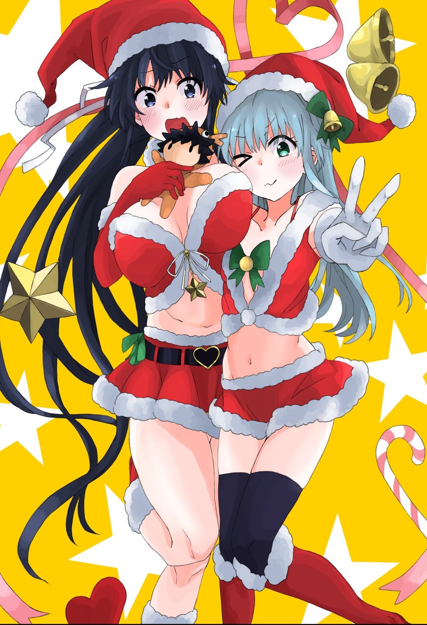 >_o 2girls alternate_eye_color alternate_height bell belt black_belt black_eyes black_hair black_thighhighs boots breasts candy candy_cane character_doll christmas commentary_request doll elbow_gloves food frogboxed fur-trimmed_footwear fur-trimmed_gloves fur-trimmed_headwear fur-trimmed_skirt fur_trim gloves green_eyes grey_hair hair_ribbon hat heart_belt height_difference highres holding holding_doll index_(toaru_majutsu_no_index) jingle_bell kamijou_touma kanzaki_kaori knee_boots large_breasts long_hair looking_at_viewer midriff miniskirt multiple_girls navel one_eye_closed open_mouth outstretched_arm pink_ribbon ponytail red_footwear red_gloves red_skirt ribbon santa_costume santa_hat side-by-side skirt small_breasts smile standing standing_on_one_leg star_(symbol) thighhighs toaru_majutsu_no_index very_long_hair white_gloves white_ribbon yellow_background