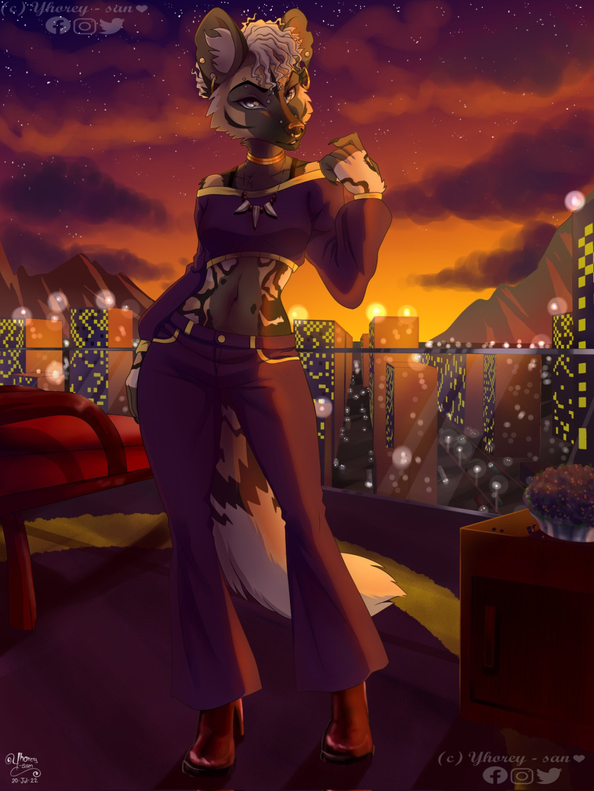 3:4 african_wild_dog anthro balcony barrier biped black_body black_fur black_nose black_tail boots bottomwear breasts bridge_piercing brown_body brown_fur brown_tail building canid canine cheek_tuft city city_background city_lights city_skyline cityscape clothed clothing detailed_background digital_media_(artwork) dipstick_tail ear_piercing ear_ring eyebrow_piercing eyebrows facial_piercing facial_tuft female fluffy fluffy_tail footwear fully_clothed fur furgonomics furry-specific_piercing gauged_ear glass_railing hair hi_res high_heeled_boots high_heels inner_ear_fluff jewelry light looking_at_viewer mammal markings mountain multicolored_body multicolored_fur multicolored_tail muzzle_piercing narrowed_eyes necklace nose_piercing nose_ring outside pants piercing plant railing ring_piercing seat septum_piercing septum_ring shoes sky solo standing standing_position sunlight sunset tail tail_markings teeth terrace topwear tuft white_body white_fur white_tail white_tail_tip yhorey_san