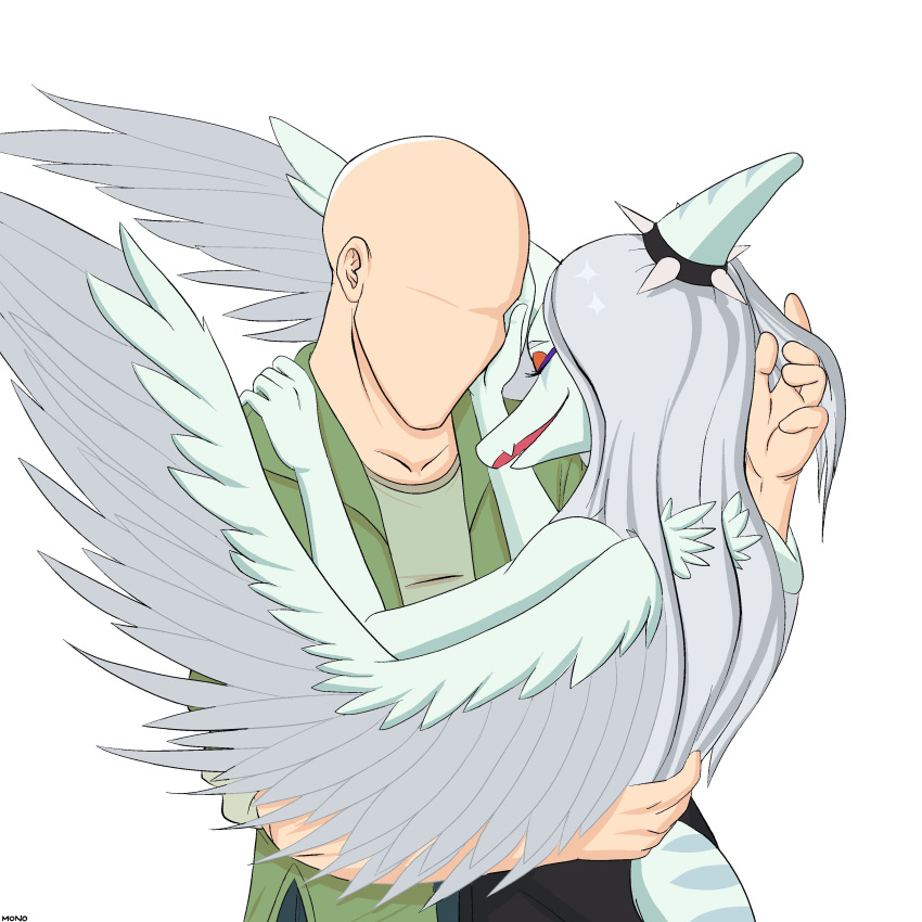 1:1 5_fingers absurd_res anon_(snoot_game) anthro bald cavemanon_studios closed_eyes clothed clothing colored dinosaur duo extinct faceless_character faceless_human faceless_male fang_(gvh) feathered_wings feathers female female_anthro fingers goodbye_volcano_high grey_body grey_feathers hair hand_in_hair hand_on_back hand_on_face hand_on_shoulder hi_res hug human human_on_anthro interspecies makeup male male/female mammal prehistoric_species protonmono pterodactylus pterosaur reptile scalie silver_hair simple_background smile snoot_game snout tail touching_hair wings