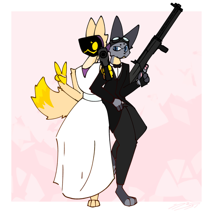 1:1 anonymous_artist anthro back_to_back bad_trigger_discipline beretta_93r clothed clothing crossdressing domestic_cat dress duo eyewear felid feline felis fur gesture goggles gun hand_gesture hi_res kos_(squiddy) ksg-25 machine male mammal multicolored_body multicolored_fur protogen ranged_weapon seattle_tarin_(zeemid) tail trigger_discipline tuxedo_cat v_sign weapon wedding_dress