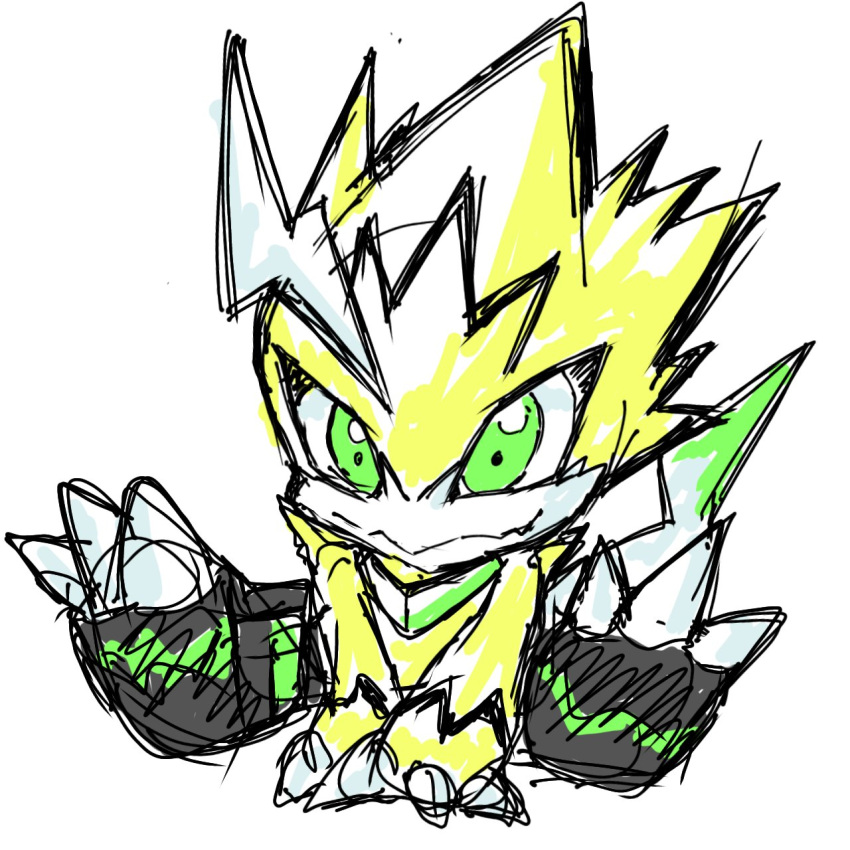 1:1 anthro bandai_namco claws clothing digimon digimon_(species) footwear green_eyes hi_res looking_at_viewer pulsemon re07722035 simple_background sitting smile solo toeless_footwear white_background yellow_body