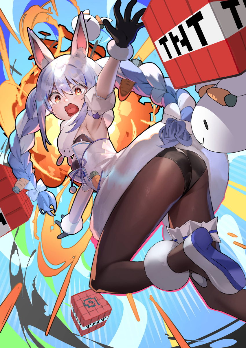 absurdres animal_ear_fluff animal_ears ankle_garter armpits ass bare_shoulders black_gloves black_pantyhose blue_hair bow braid breasts bridal_garter carrot carrot_hair_ornament cleavage coat detached_sleeves don-chan_(usada_pekora) explosion explosive female food-themed_hair_ornament fur-trimmed_gloves fur_trim gloves hair_between_eyes hair_ornament hairbow highres hololive kouhiipan leotard long_braid long_hair looking_at_viewer minecraft multicolored_hair open_mouth orange_eyes pantyhose pekomon_(usada_pekora) playboy_bunny puffy_detached_sleeves puffy_sleeves rabbit-shaped_pupils rabbit_ears rabbit_girl ribbon scarf short_eyebrows sidelocks sleeveless small_breasts solo symbol-shaped_pupils tearing_up thick_eyebrows tnt tnt_block_(minecraft) tongue twin_braids twintails two-tone_hair usada_pekora usada_pekora_(1st_costume) virtual_youtuber white_coat white_footwear white_fur white_hair