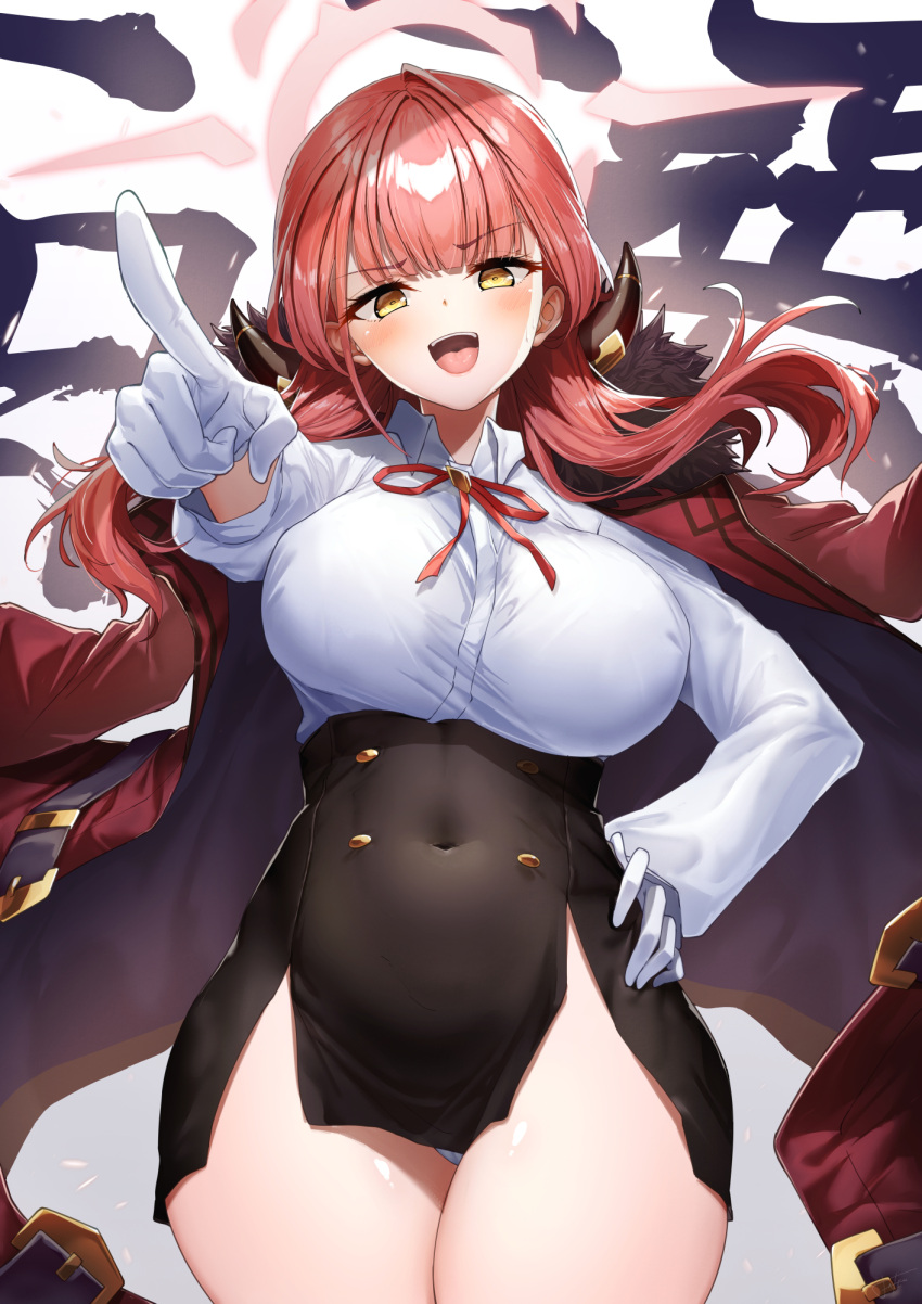 aru_(blue_archive) black_horns black_skirt blue_archive blush breasts coat coat_on_shoulders collared_shirt covered_navel cowboy_shot demon_horns female fur-trimmed_coat fur_trim gloves halo hand_on_own_hip highres horns large_breasts long_hair long_sleeves looking_at_viewer neck_ribbon open_mouth pencil_skirt pink_halo pointing pointing_at_viewer red_coat red_hair red_ribbon ribbon shirt side_slit skirt smile solo thighs white_gloves white_shirt xfate yellow_eyes