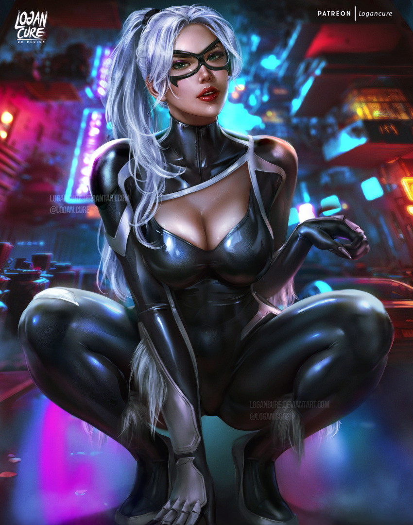 absurdres artist_name black_bodysuit black_cat_(marvel) blue_eyes blurry blurry_background bodysuit breasts city cleavage deviantart_username domino_mask english_commentary felicia_hardy female grey_hair highres large_breasts logan_cure long_hair looking_at_viewer marvel mask mixed-language_commentary paid_reward_available parted_lips patreon_username red_lips skin_tight solo squatting variant_set watermark web_address